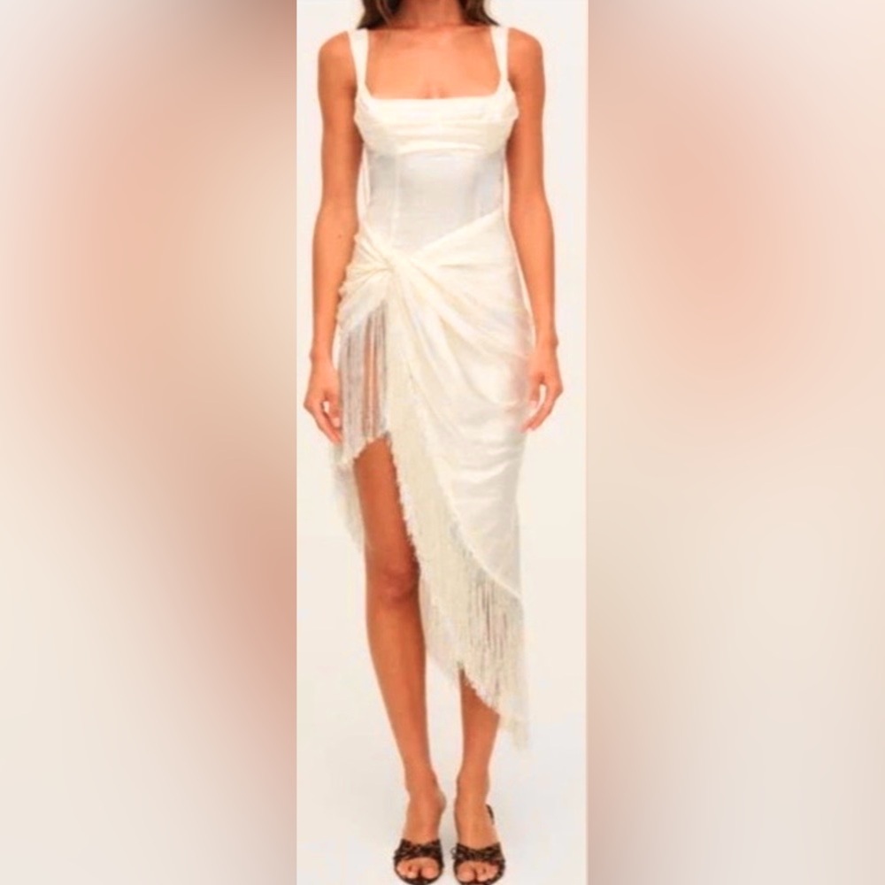 For Love & Lemons Anisa Silk Gown Low Cut Fringed High Low in Ivory Size S NWT